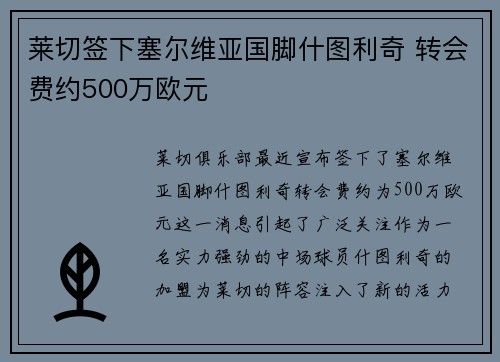 莱切签下塞尔维亚国脚什图利奇 转会费约500万欧元 莱切签下塞尔维亚国脚什图利奇 转会费约500万欧元