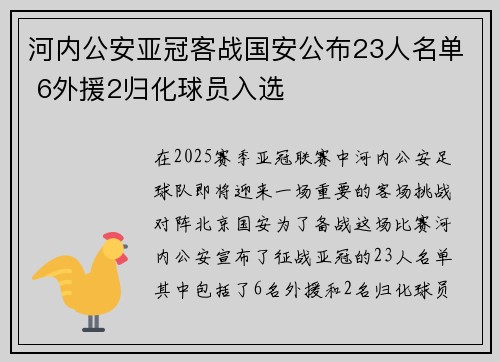 河内公安亚冠客战国安公布23人名单 6外援2归化球员入选 河内公安亚冠客战国安公布23人名单 6外援2归化球员入选