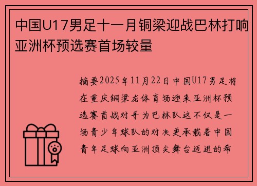 中国U17男足十一月铜梁迎战巴林打响亚洲杯预选赛首场较量 中国U17男足十一月铜梁迎战巴林打响亚洲杯预选赛首场较量